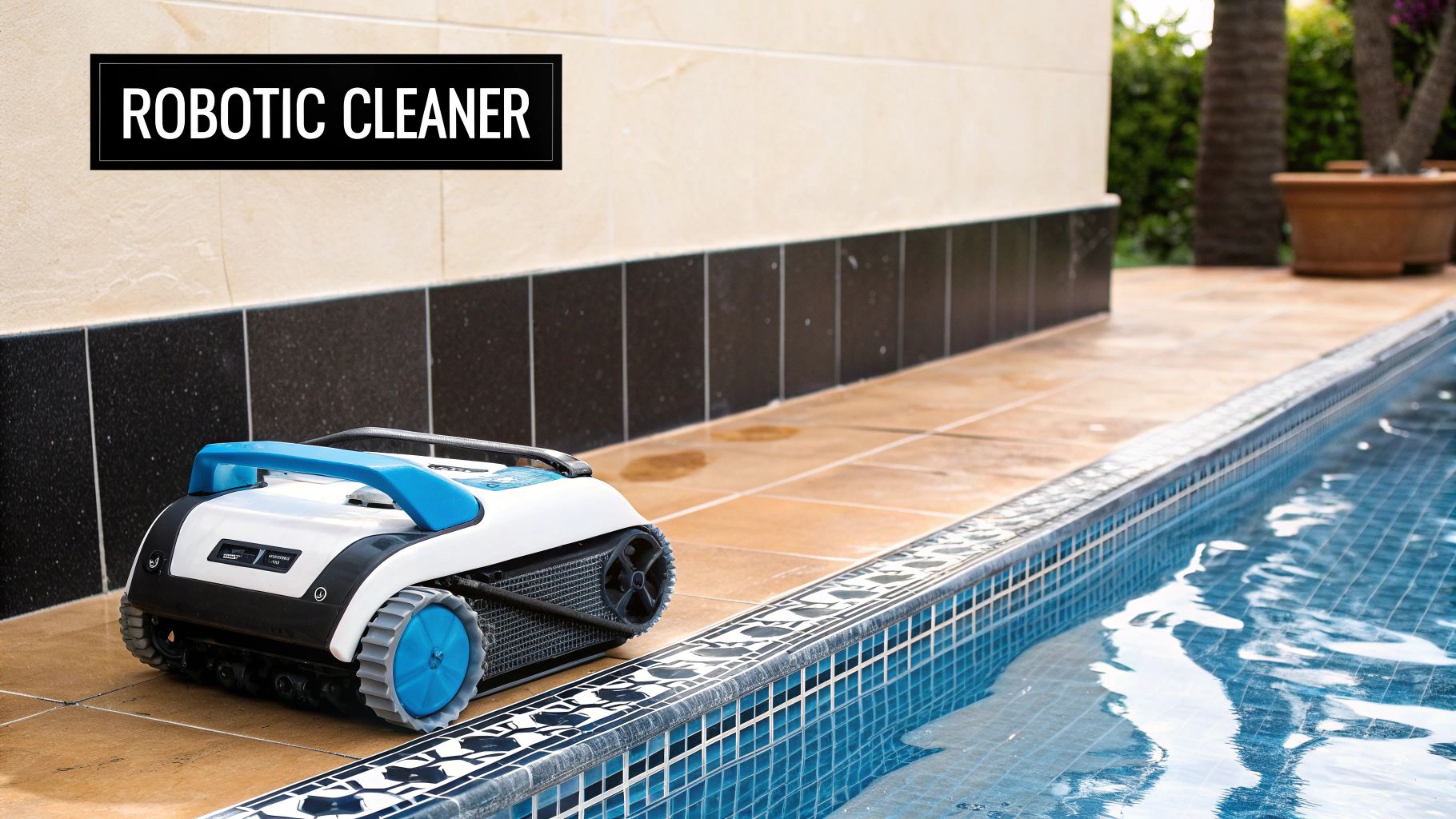 A robotic pool cleaner moving along the bottom of a bright blue swimming pool.