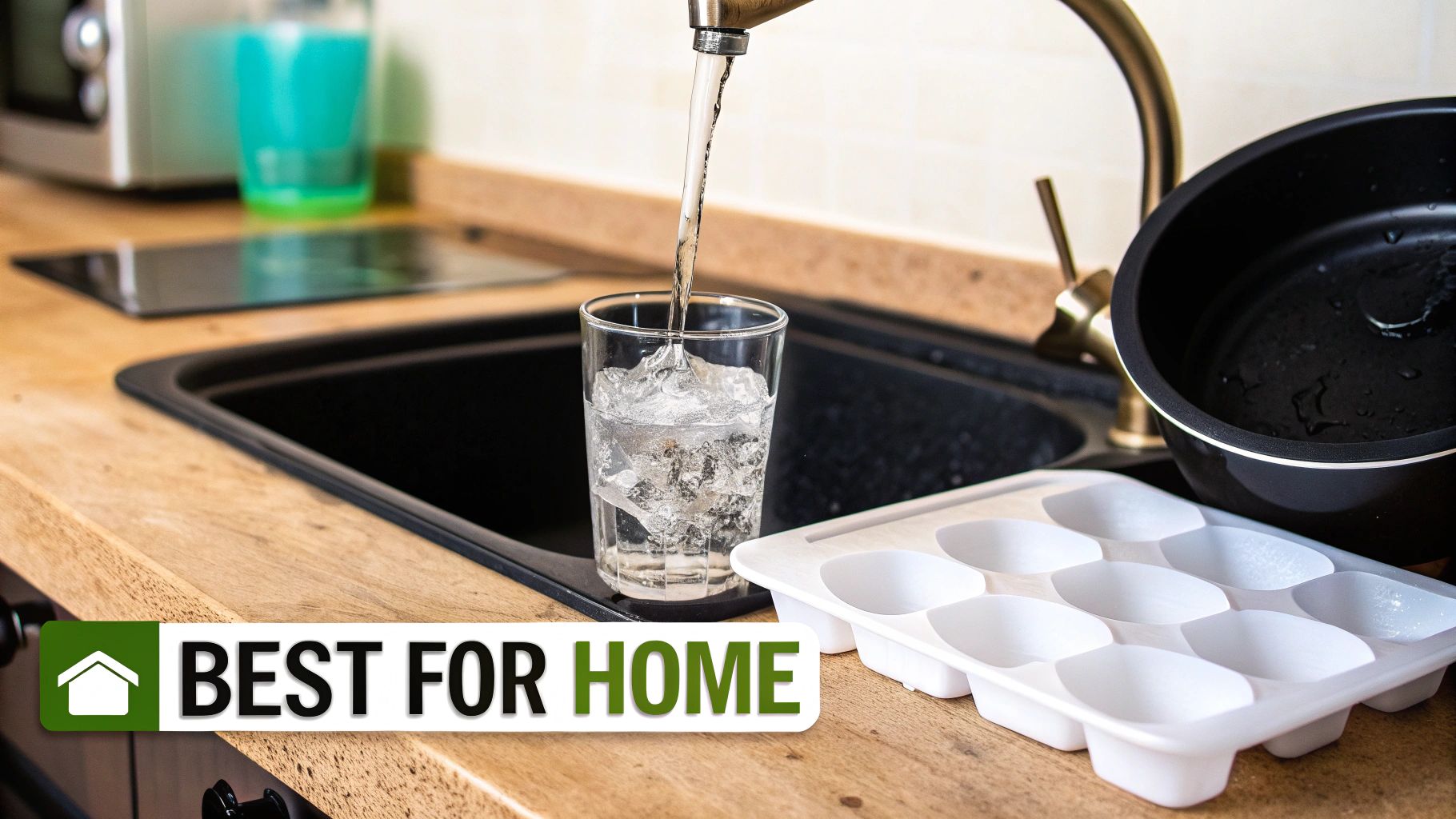 Water dispenser filling glass with ice cubes in modern kitchen with ice tray
