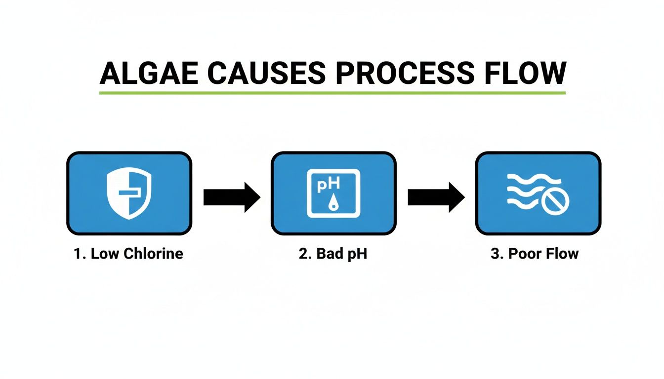 Flowchart illustrating how low chlorine and bad pH levels contribute to poor flow due to algae.