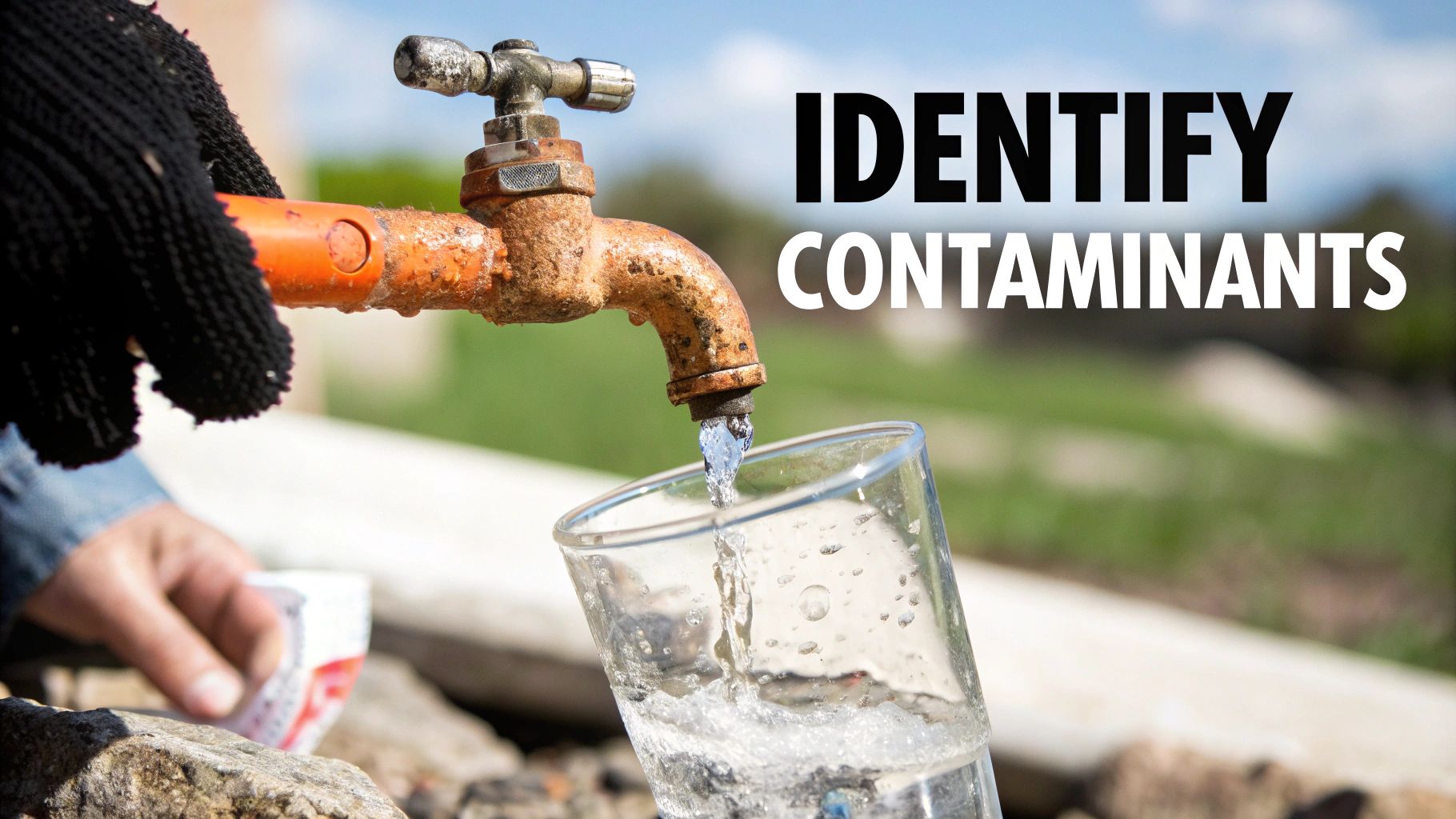 A gloved hand turns on a rusty outdoor faucet, filling a glass with potentially contaminated water.