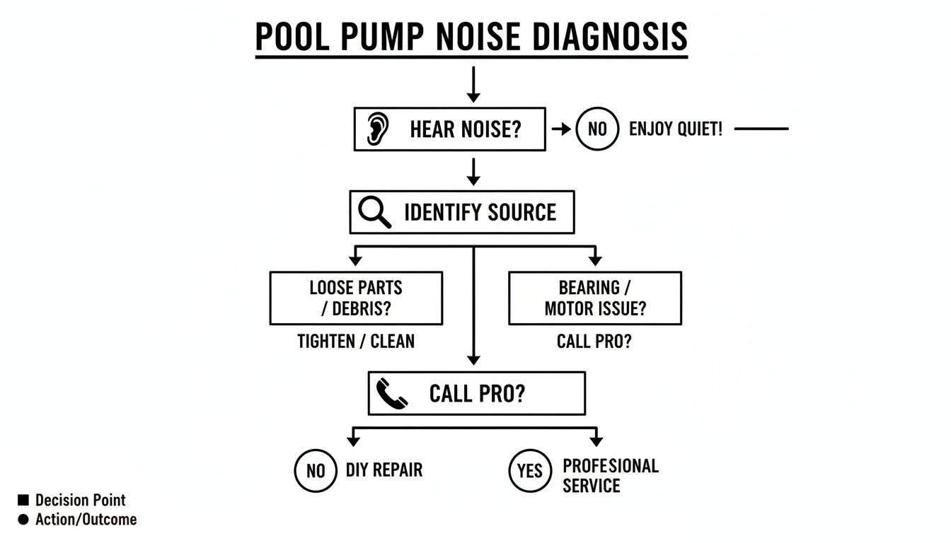 Flowchart for pool pump noise diagnosis, guiding users through identifying sources and deciding on DIY or professional repair.