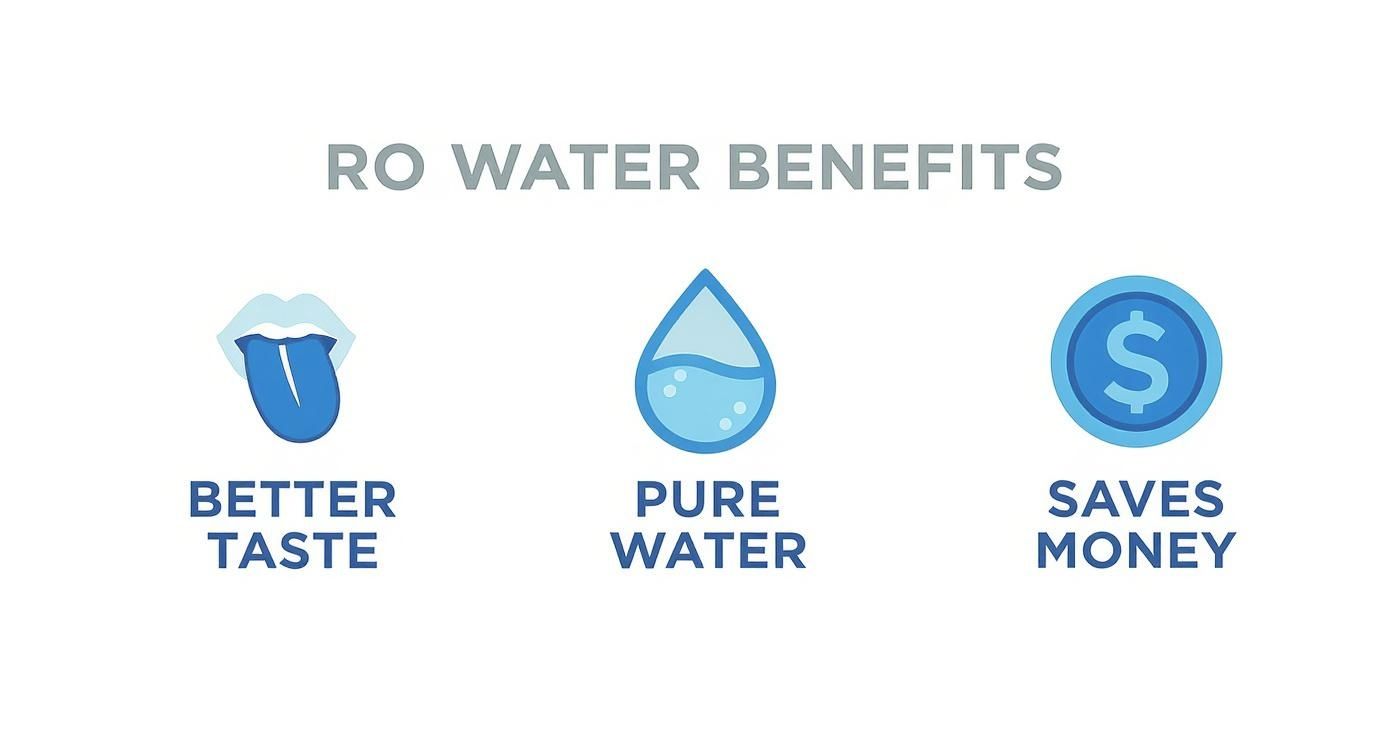 Illustration showing benefits of RO water: better taste, pure water, and saving money.