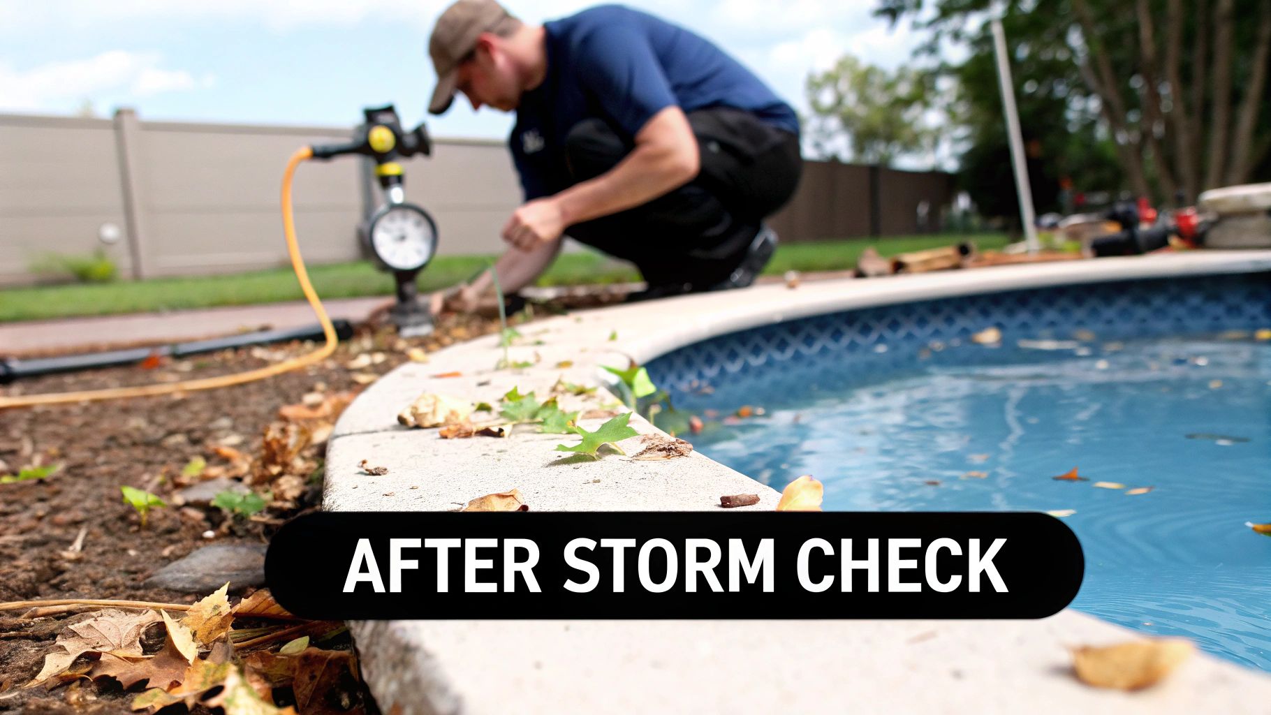 Man performing an after storm check near a swimming pool with a gauge and scattered leaves.