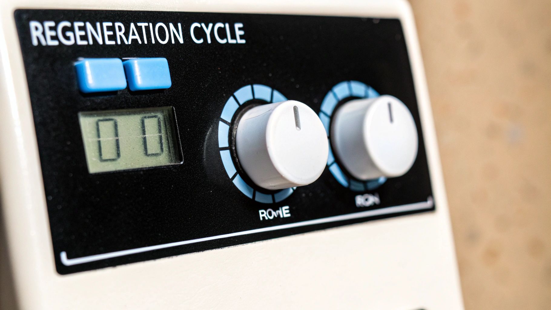 A digital display on a modern water softener showing regeneration cycle information.