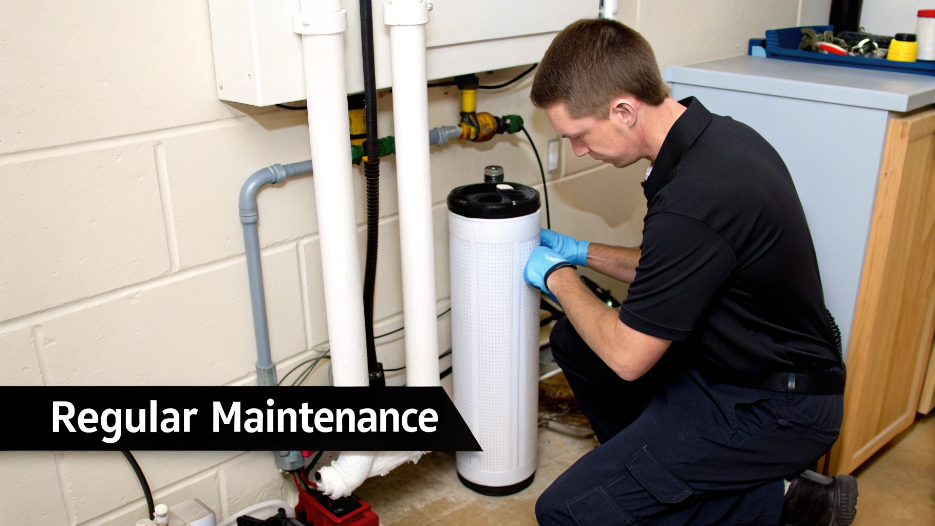 A technician in blue gloves performs regular maintenance on a home well water purification system.