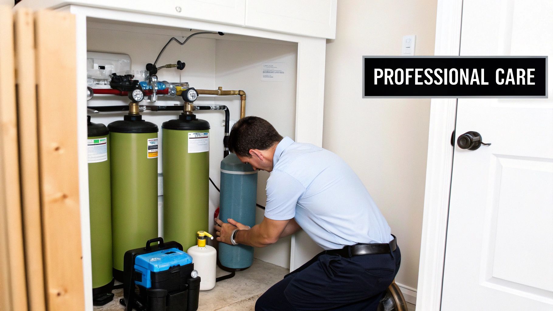 A professional technician inspects and services a whole home water purification system with multiple tanks.