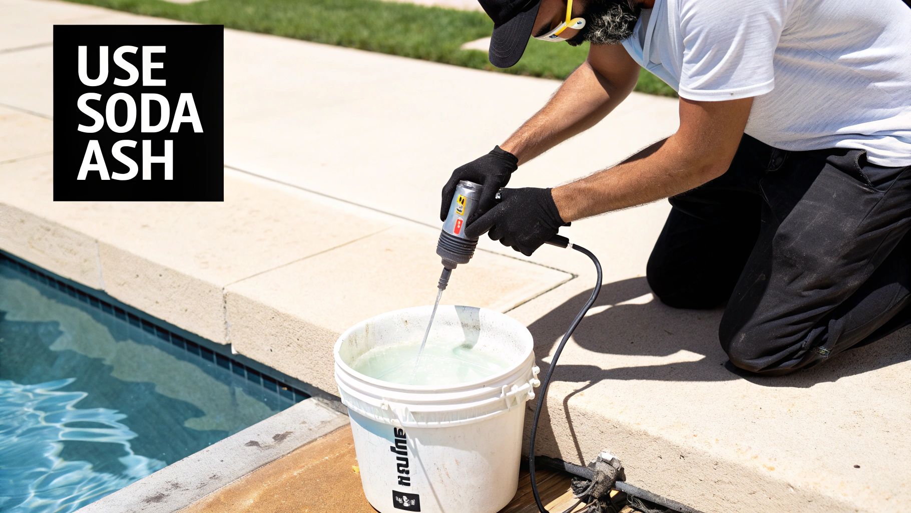 A person mixes soda ash in a white bucket next to a swimming pool, preparing a solution.