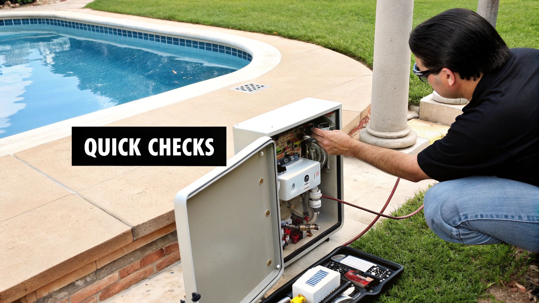 Man checking a pool pump control box by a swimming pool on a sunny day.
