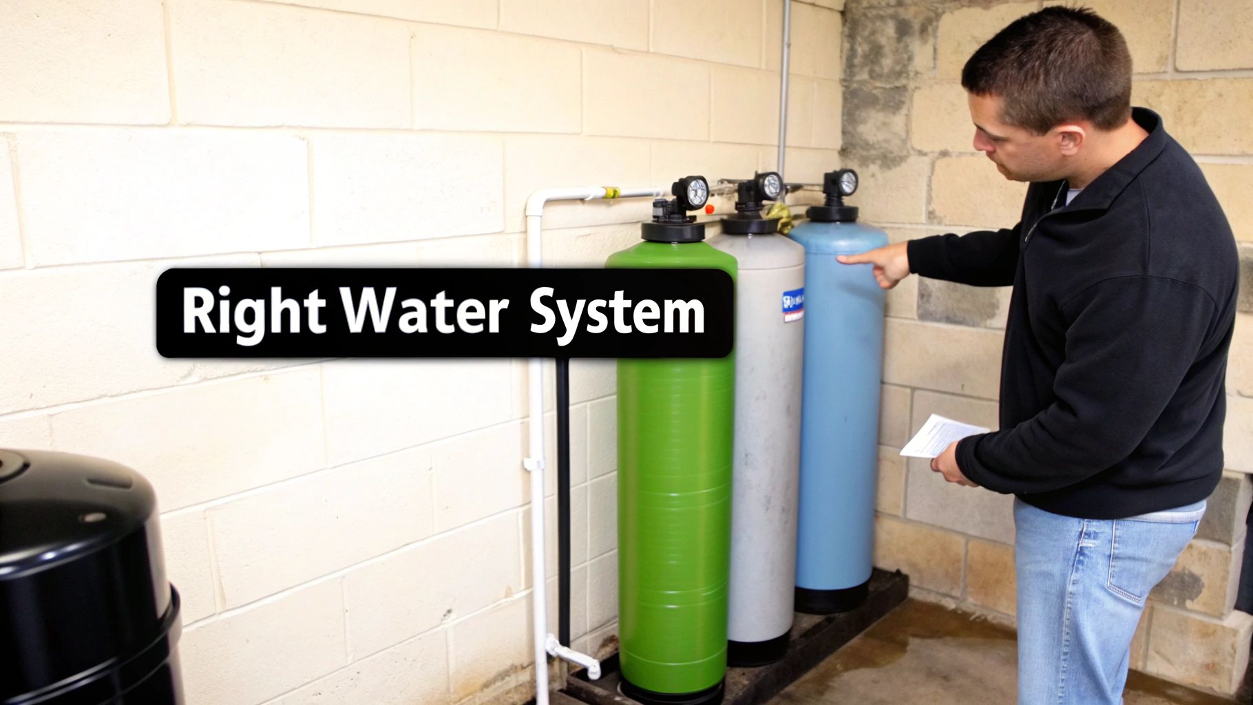 A man in a utility room points at a residential water treatment system with three large tanks and pipes.