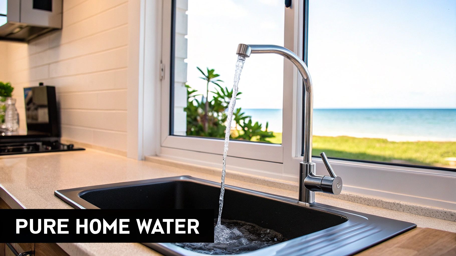 Water flows from a modern kitchen faucet into a black sink, with an ocean view outside.