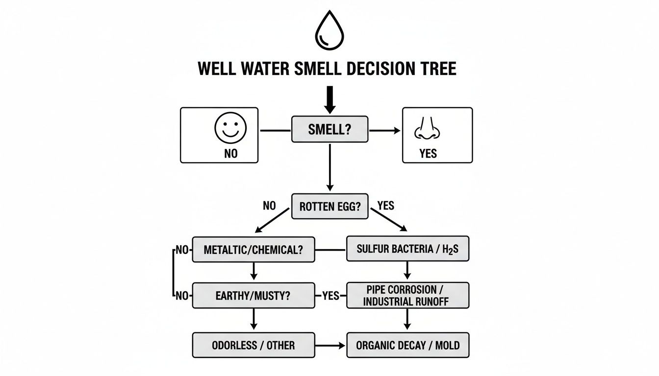 A decision tree flowchart to identify causes of various well water smells, from rotten egg to earthy.