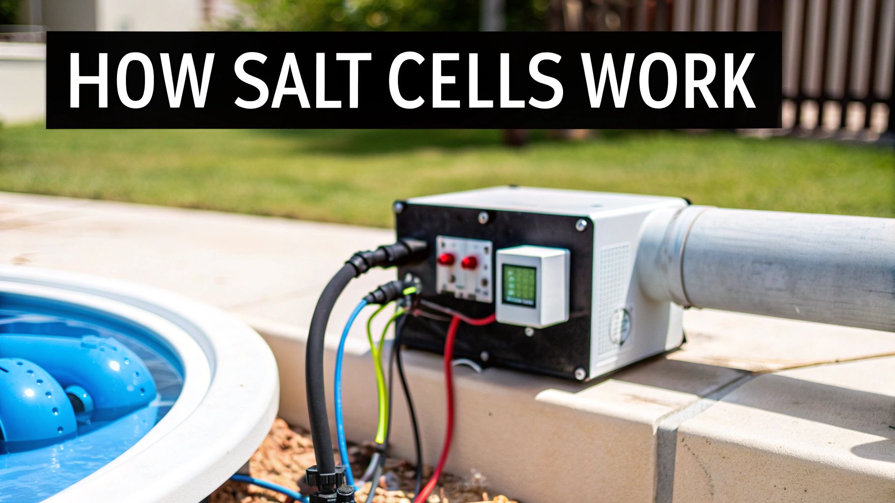 A salt chlorine generator system with cables and a digital display next to a swimming pool.