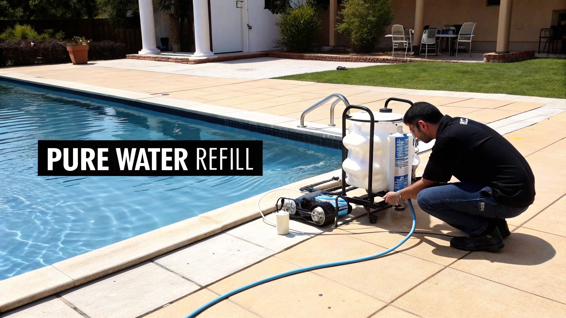 A man uses a portable water purification system beside a swimming pool for pure water refill.