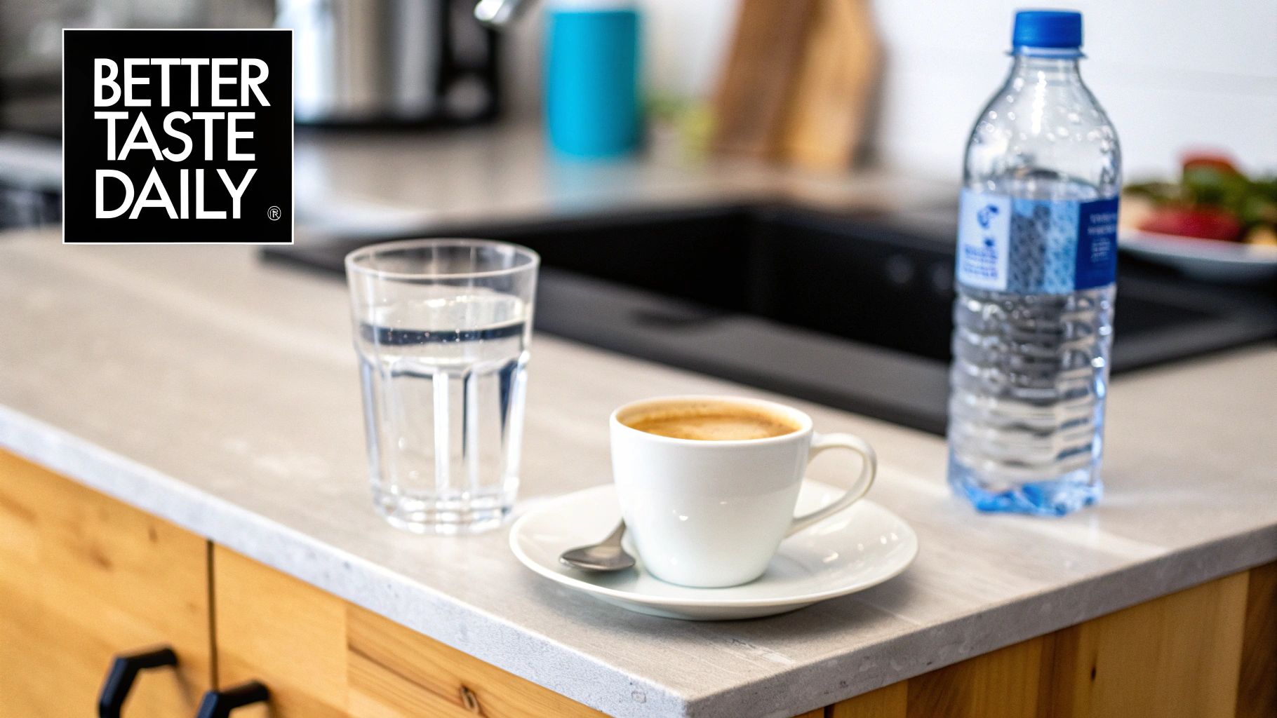 A refreshing glass of water, cup of coffee, and a plastic water bottle on a modern kitchen counter.