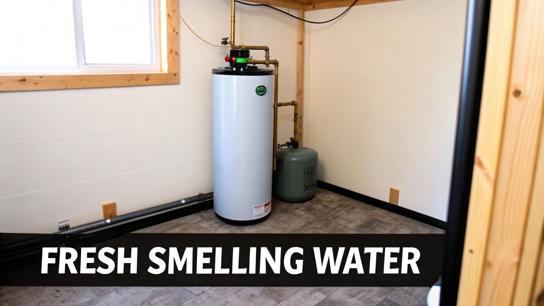 A white water heater and a grey pressure tank in a utility room with brass plumbing.
