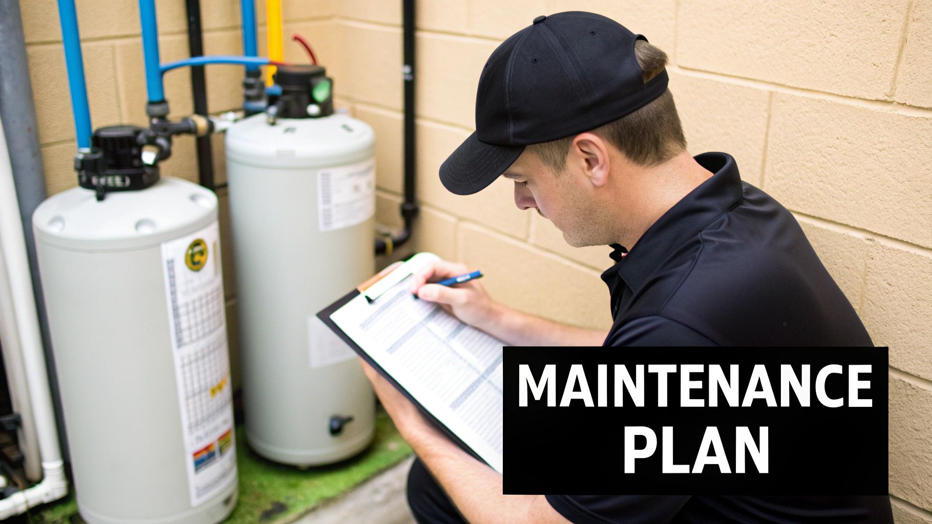 A technician reviews a maintenance plan for outdoor water filtration tanks and plumbing systems.