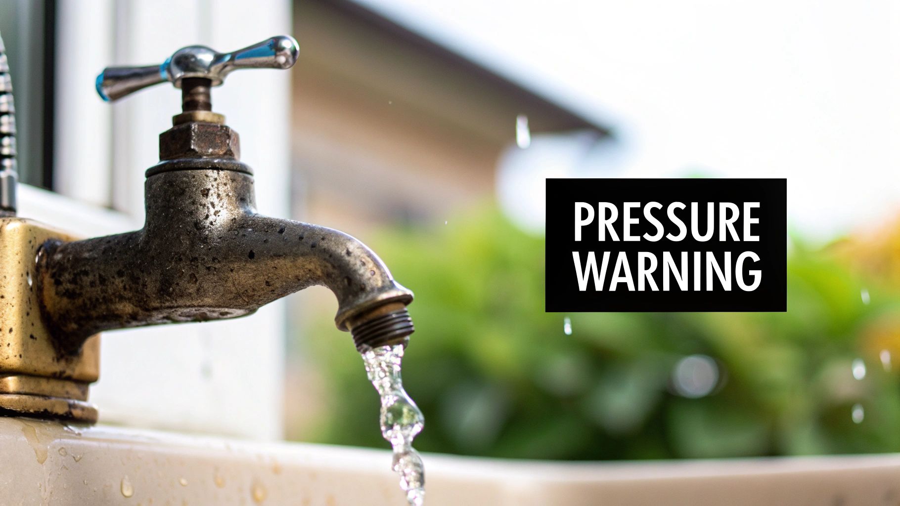 An old, corroded outdoor faucet with a weak stream of water and a 'PRESSURE WARNING' overlay.