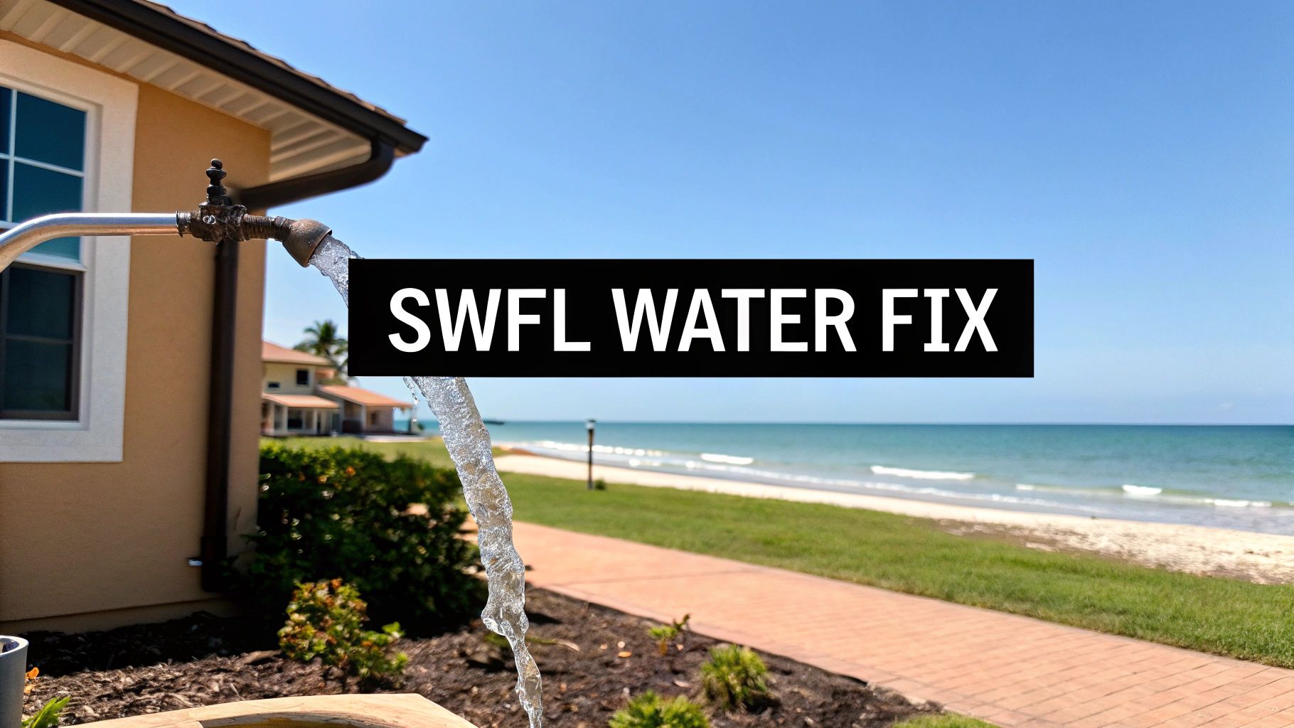 Outdoor shower with water flowing next to a house, with a sunny beach and ocean in the background.
