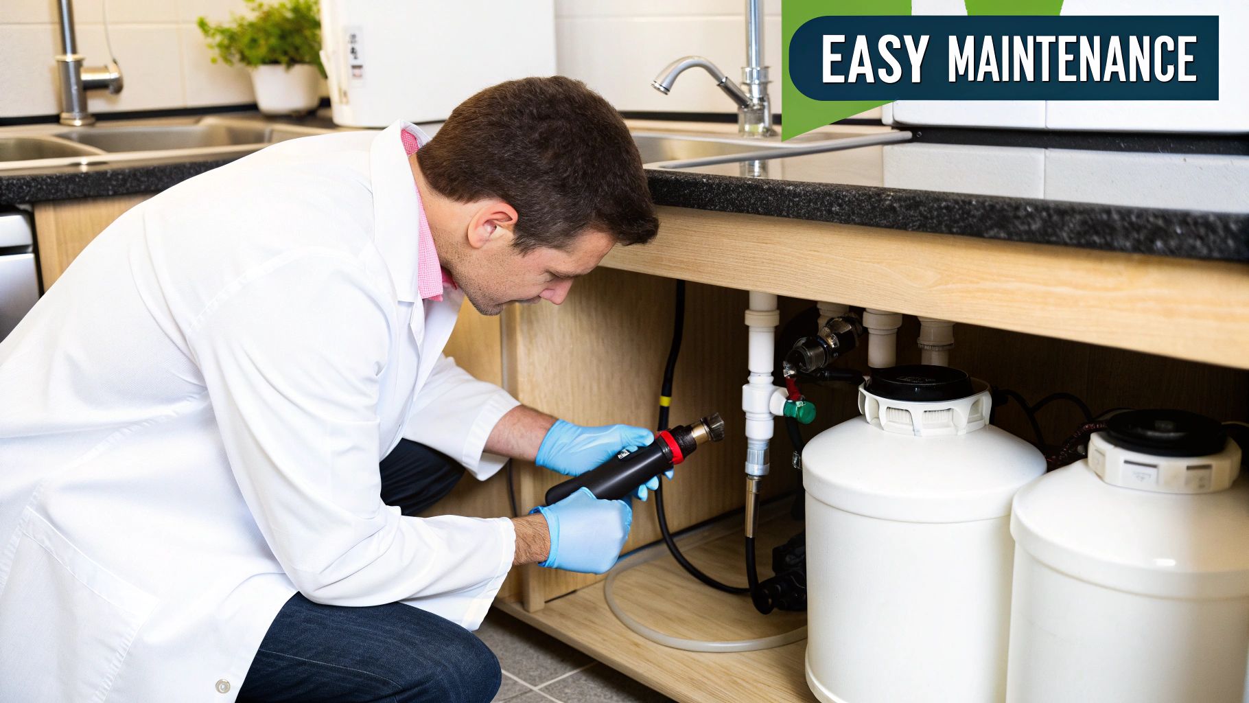 A friendly technician inspecting a well water treatment system installation.