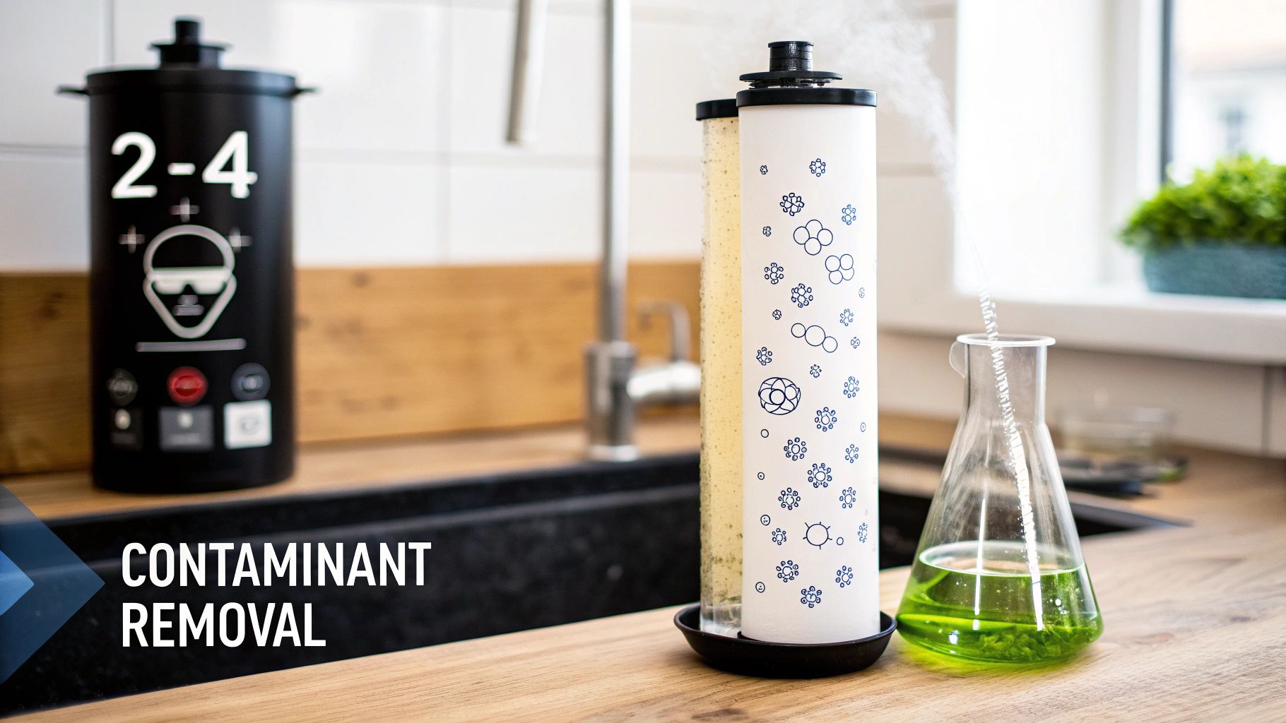 Water filtration system with two filters on a kitchen counter, demonstrating contaminant removal.