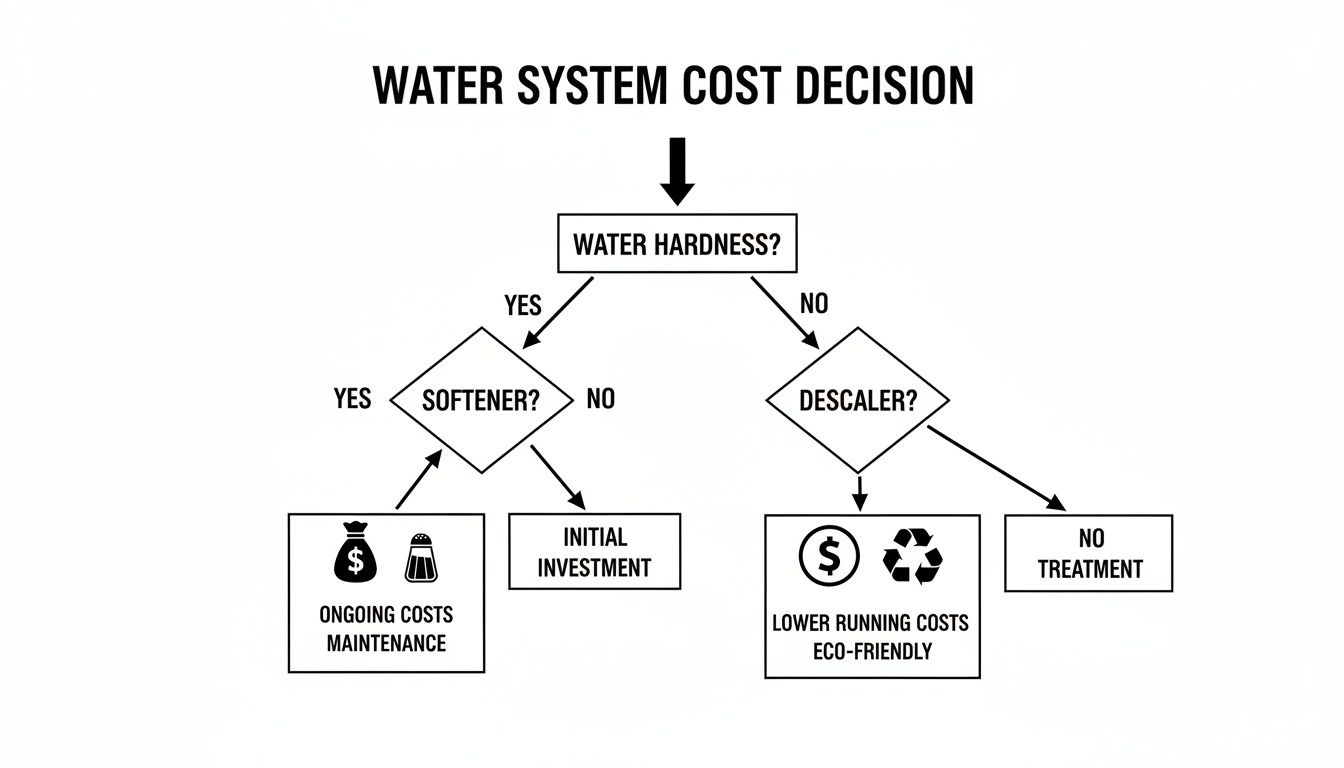 A flowchart detailing water system cost decisions based on water hardness, comparing softeners and descalers.