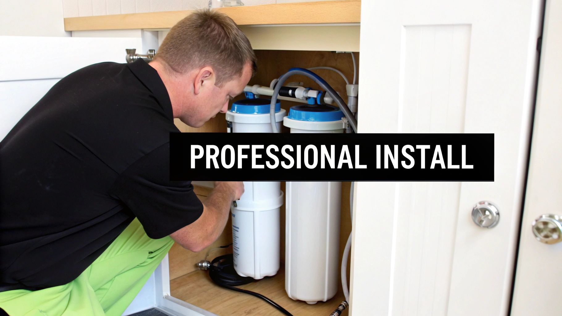 A professional technician installs a whole house water filter system.