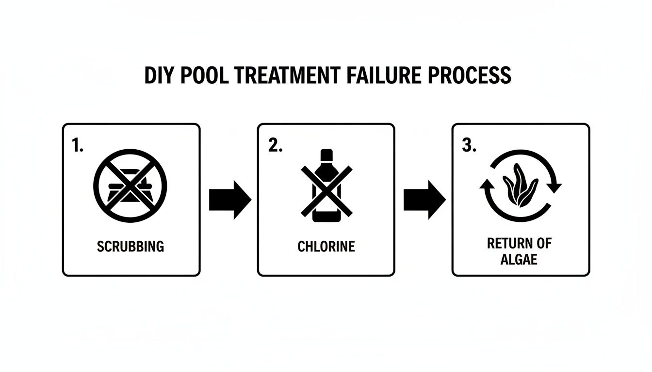 Flowchart illustrating the DIY pool treatment failure process, showing ineffective scrubbing and chlorine leading to algae return.