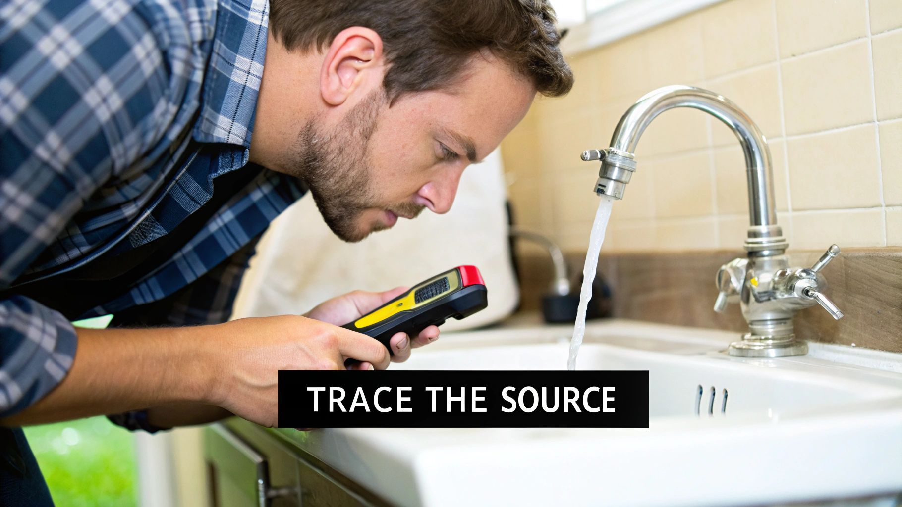 A person inspecting a water heater unit in a basement.