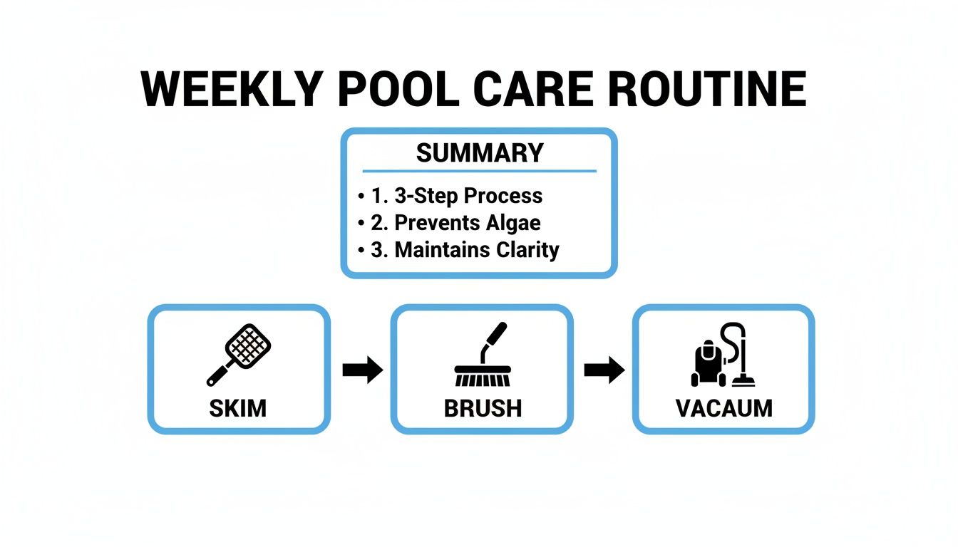 A diagram outlining a weekly pool care routine: skim, brush, and vacuum, to prevent algae and maintain clarity.