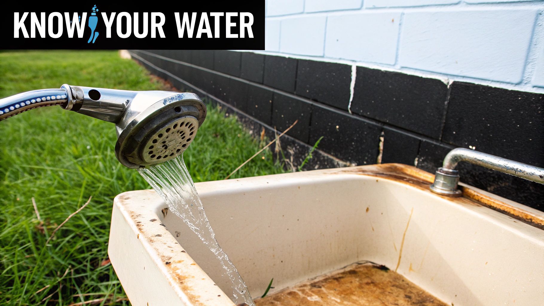 A shower head sprays water into a dirty outdoor sink, emphasizing water quality concerns.