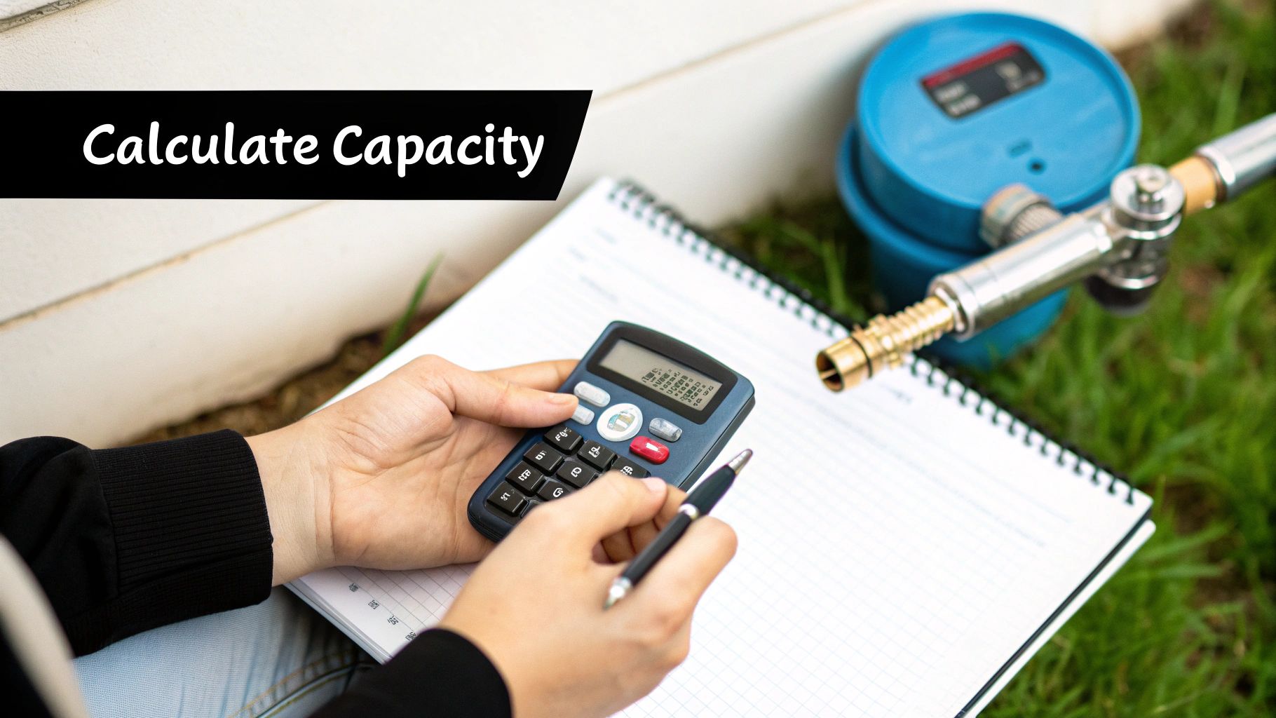 A person calculates capacity using a calculator and pen, writing in a notebook near a water meter on grass.