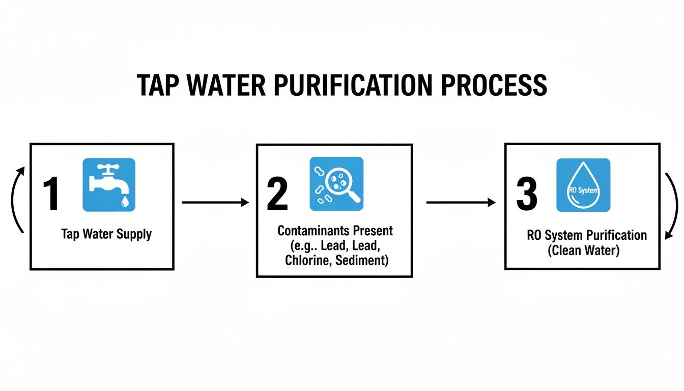 Diagram showing the tap water purification process, from supply to contaminants, then RO system purification.