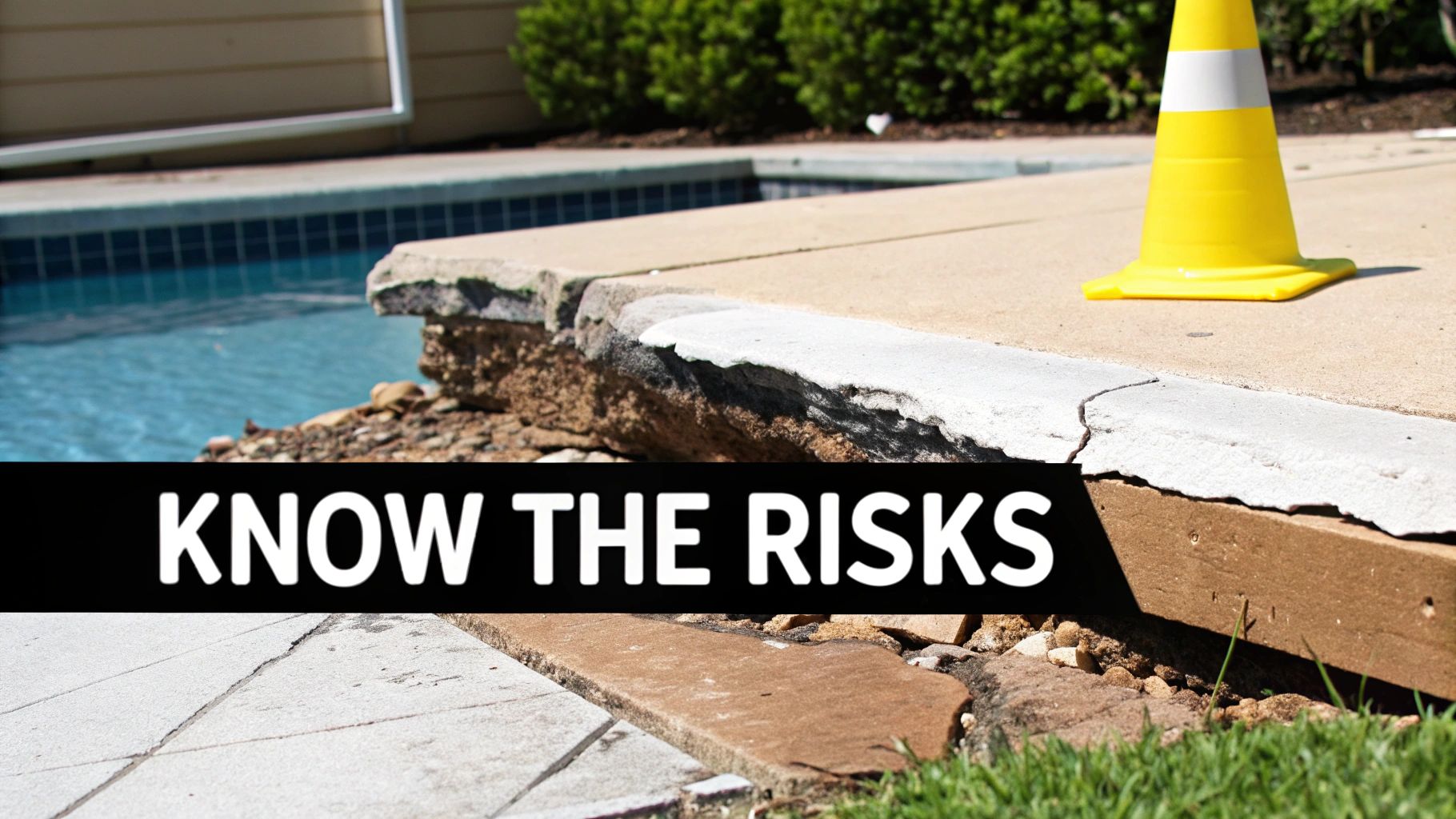A cracked and damaged swimming pool surface exposed to the sun after being drained.