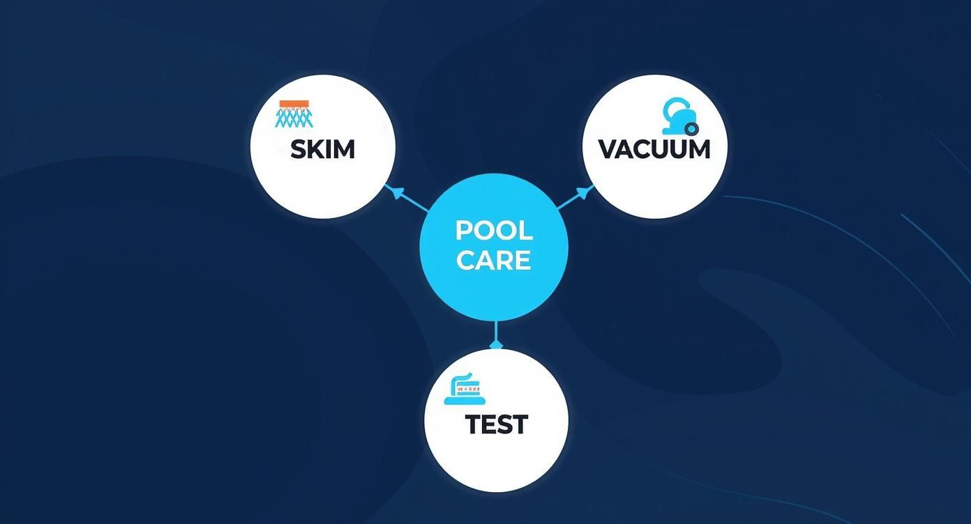 Infographic demonstrating pool care, highlighting skim, vacuum, and test procedures with icons.
