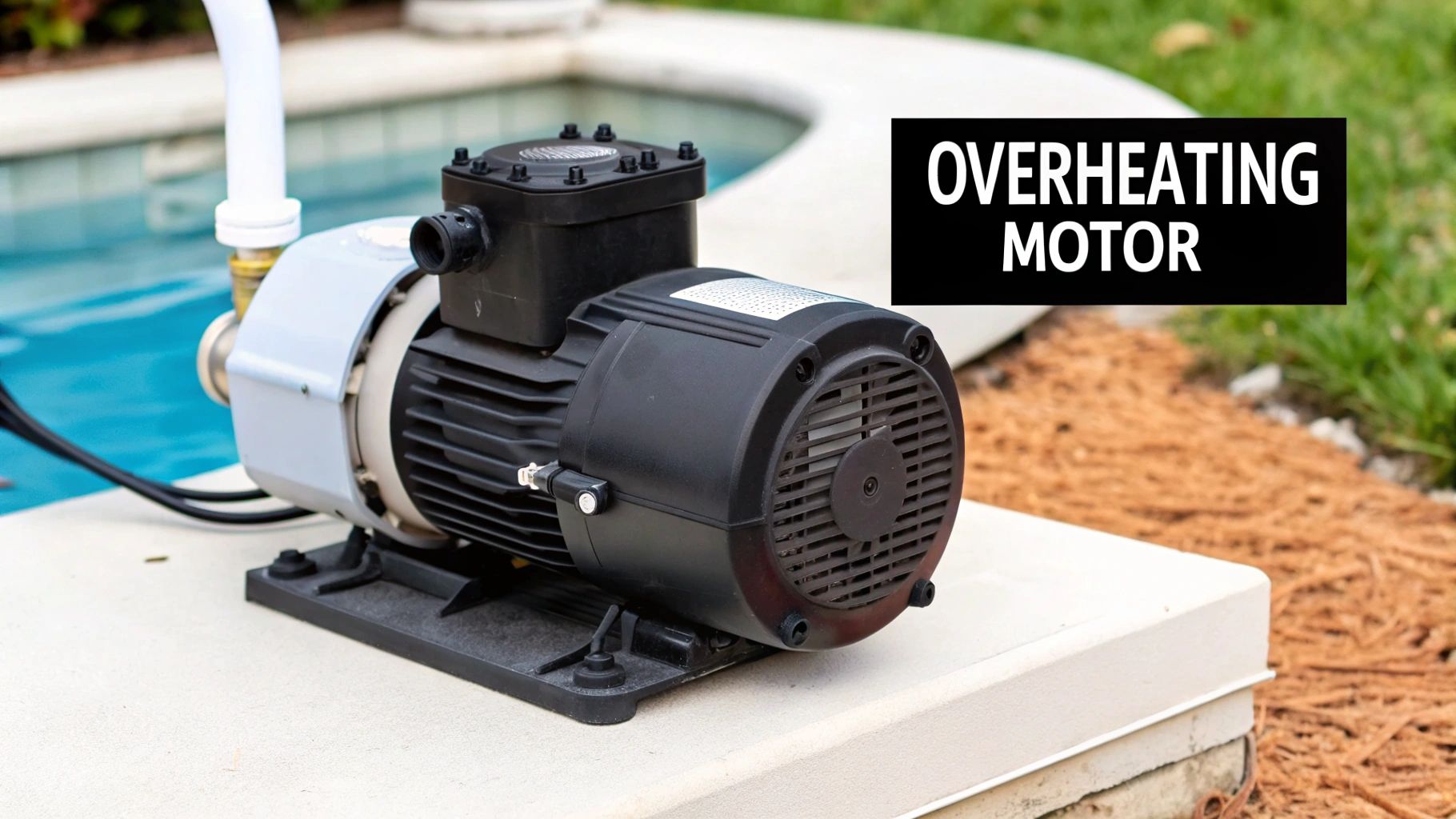 A black and grey pool pump motor with 'OVERHEATING MOTOR' text overlay, next to a swimming pool.