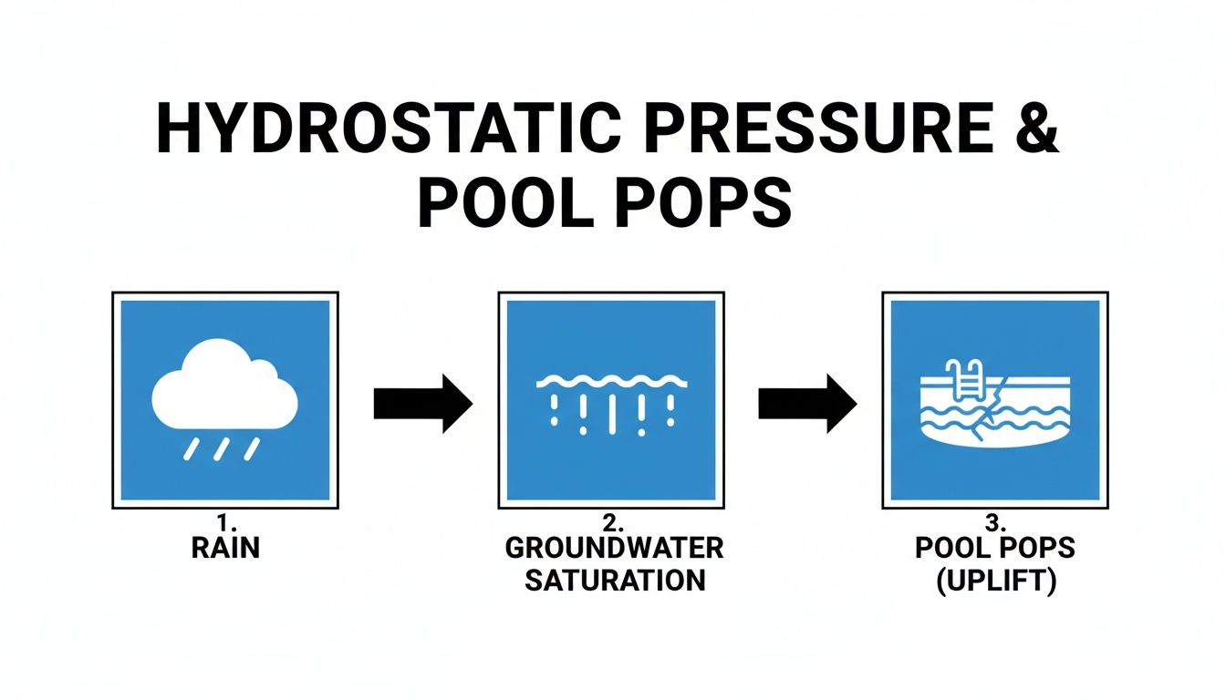 A flowchart illustrating how rain causes groundwater saturation, leading to hydrostatic pressure and pool uplift.