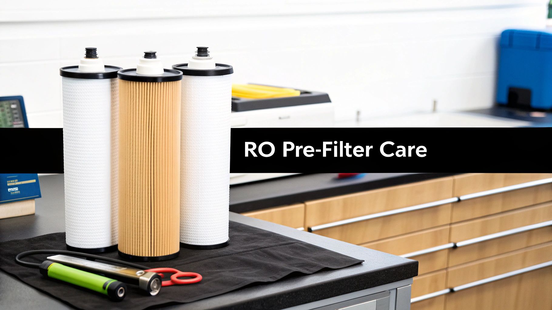 Three RO pre-filters and water testing tools on a counter, with a banner "RO Pre-Filter Care."