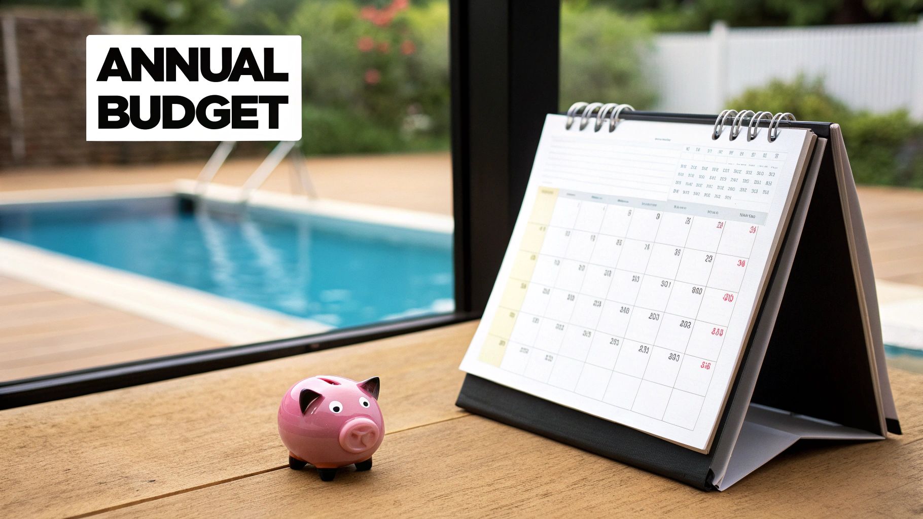 A person using a calculator with a notepad to budget for pool maintenance costs.