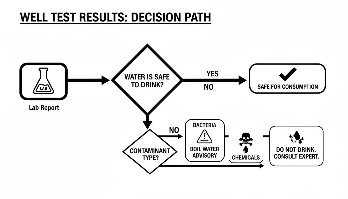 Flowchart illustrating the decision path for well water test results, guiding actions based on safety, bacteria, and chemical contaminants.