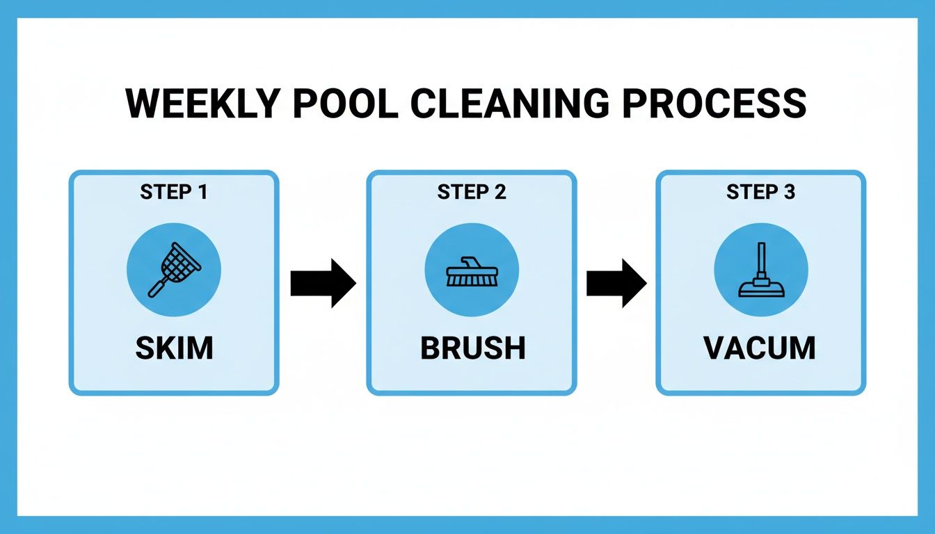 A diagram illustrating the three essential steps for weekly pool cleaning: skim, brush, and vacuum.