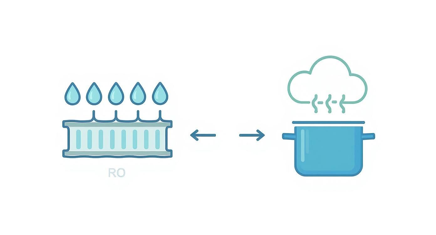Comparison diagram showing reverse osmosis water filtration system versus boiling pot producing distilled water