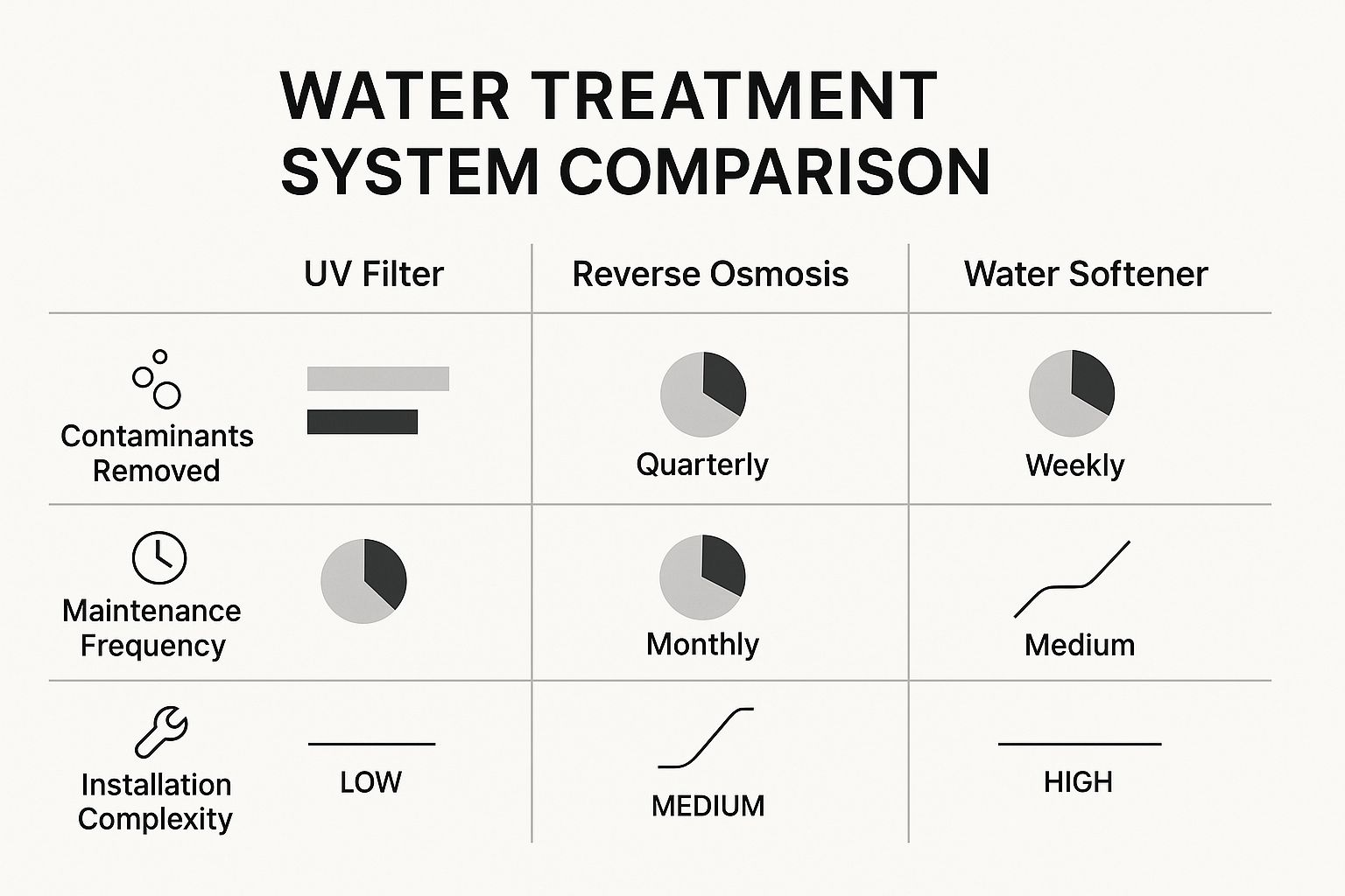 An infographic comparing UV Filters, Reverse Osmosis systems, and Water Softeners based on contaminants removed, maintenance frequency, and installation complexity.