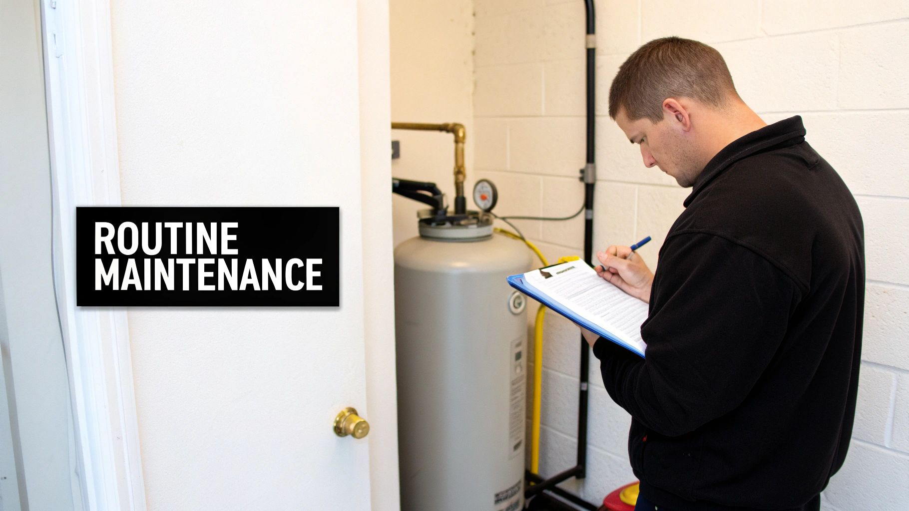 A man performs routine maintenance on a well water pressure tank, writing notes on a clipboard.