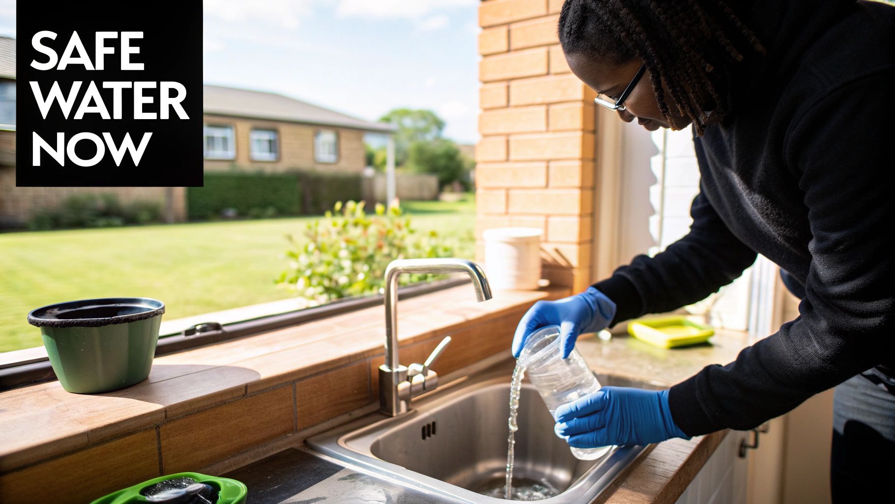 A glass of clean water being poured from a tap with a modern kitchen in the background.