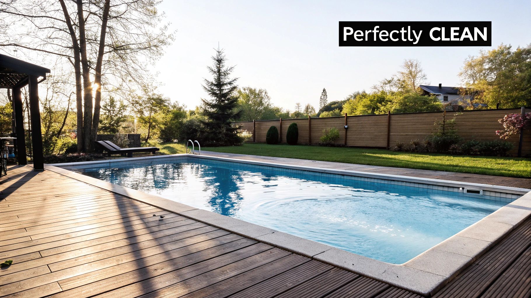 A clear, clean swimming pool with vacuuming equipment nearby, ready for use.