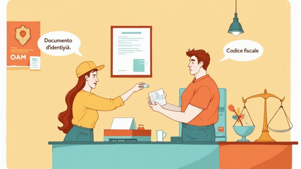 Donna e uomo interagiscono a uno sportello, richiedendo rispettivamente documento d'identità e codice fiscale per una transazione.