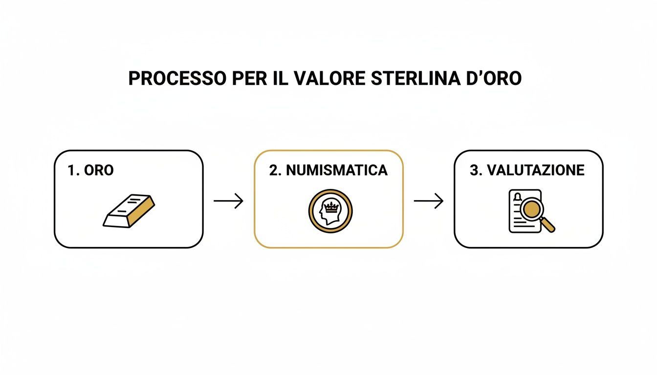 Diagramma che illustra il processo di valutazione di una sterlina d'oro, dalla materia prima all'analisi numismatica e stima finale.