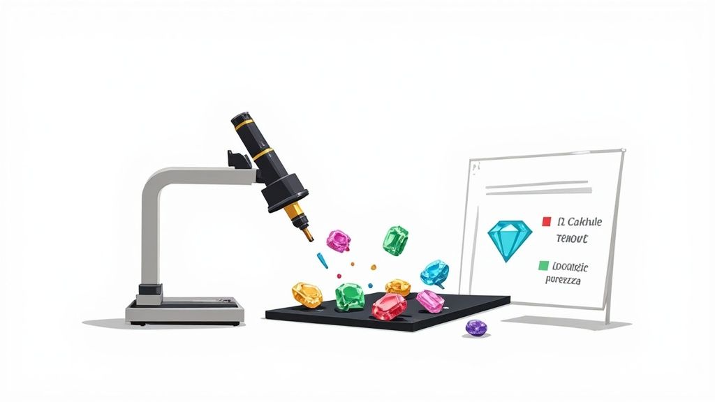Un microscopio esamina gemme colorate su un vassoio nero, con un grafico di valutazione di diamanti accanto.