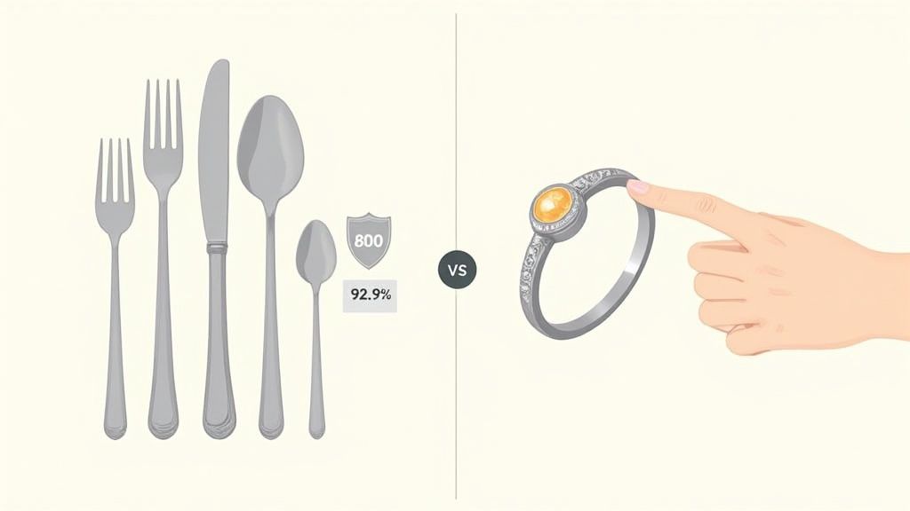 Illustrazione comparativa di posate d'argento marcate 800 e un anello d'argento con gemma.