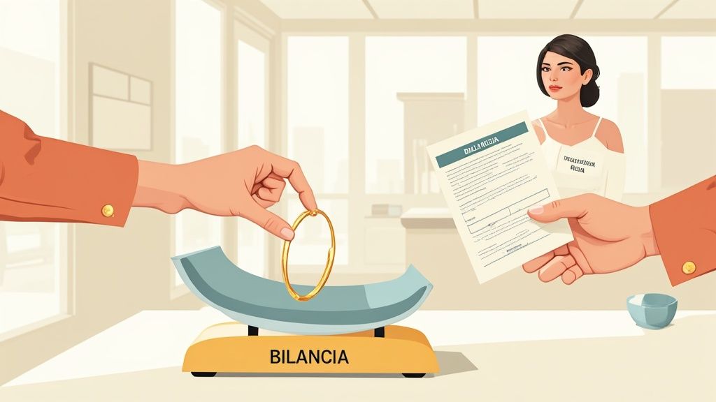 Mani che pesano un bracciale d'oro su una bilancia mentre un'altra mano offre un documento ad una donna.